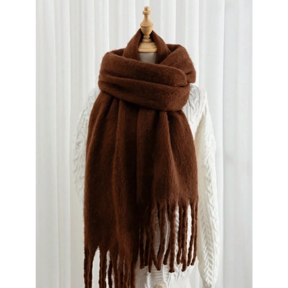 Brown Wide Shawl Scarf With Tassels Fuzzy Knit